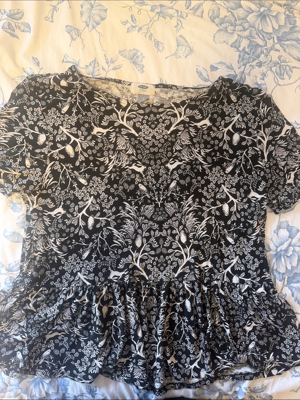 Old Navy Black and White Floral Peplum Blouse
